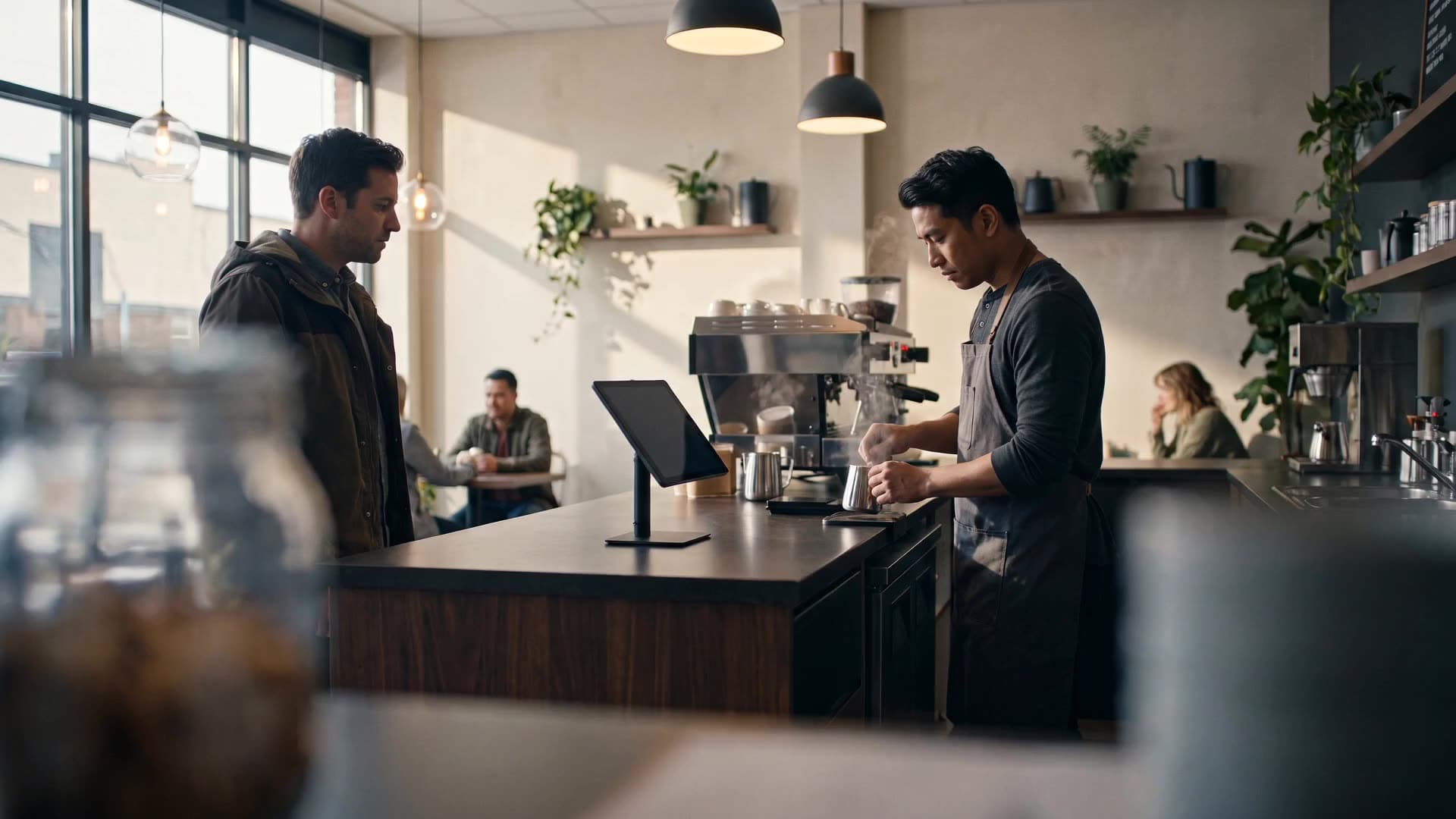 The counter at Kalye Kape as the shop opens, a barista steaming milk beside the espresso machine.