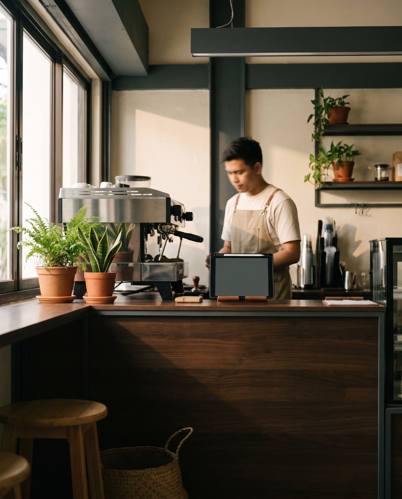 A barista working behind the counter of a coffee shop in the morning, a tablet on a stand beside the espresso machine.