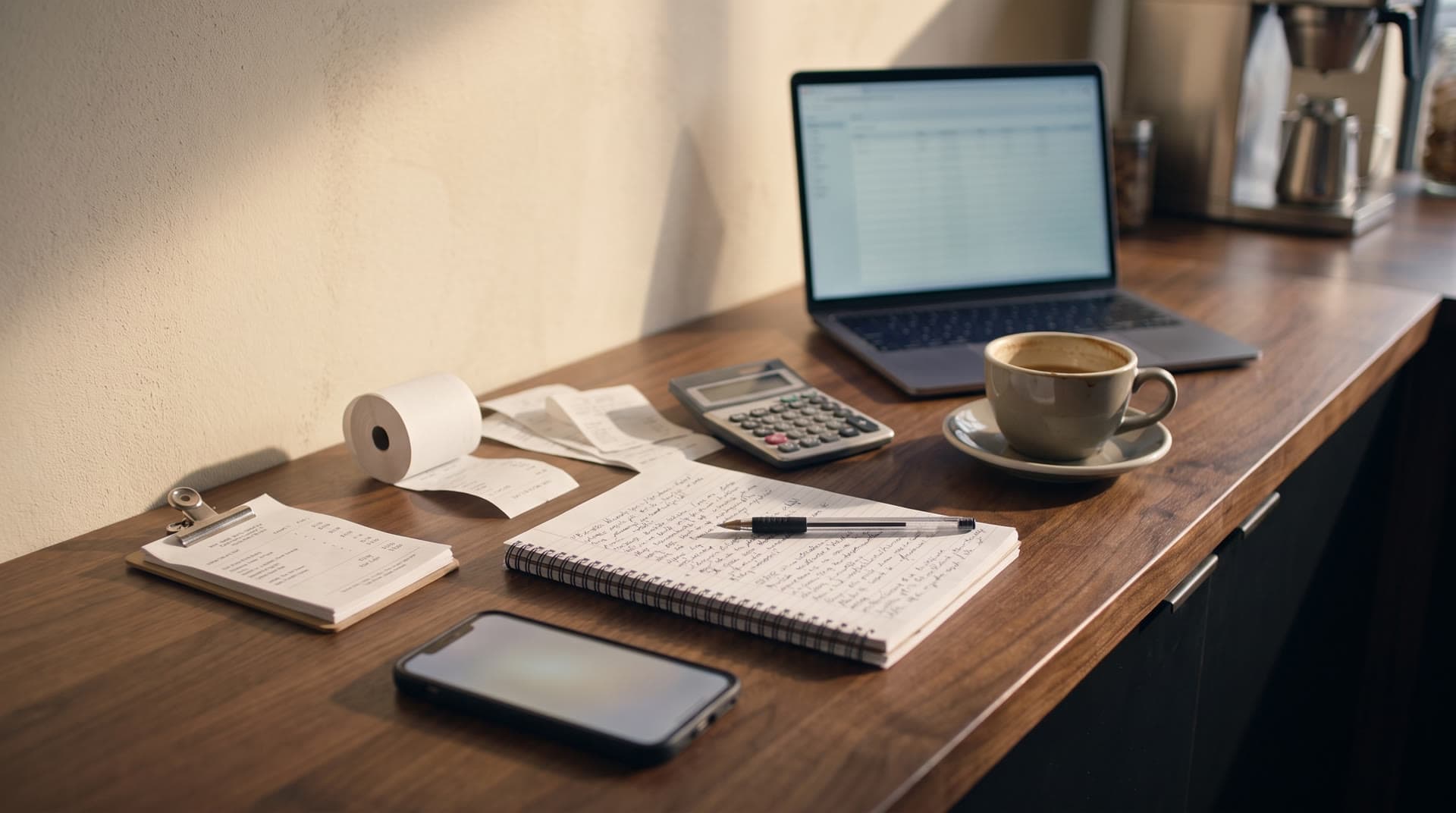 A café back counter with paperwork, a calculator and a delivery note.