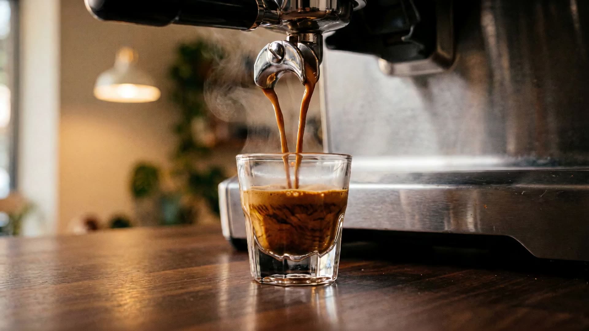 Espresso extracting into a glass on the bar.