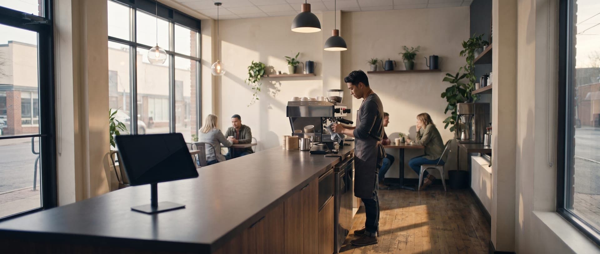 A second, smaller branch of the same coffee shop in the late afternoon.