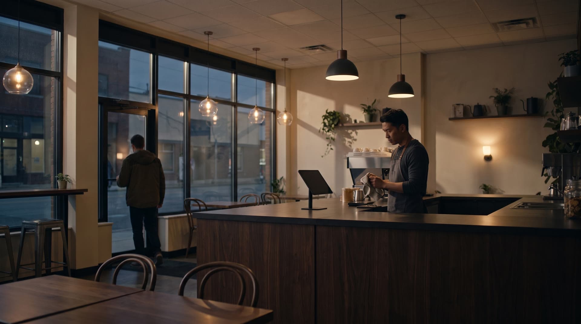 The café at closing, chairs up, lights low.
